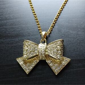 Gold Pave Bow 29" yellow gold chain with heart clasp fashion costume jewelry